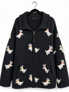 Vintage Handmade Scottie Dog Zip Wool Cardigan Sweater XXL Rainbow Crafts